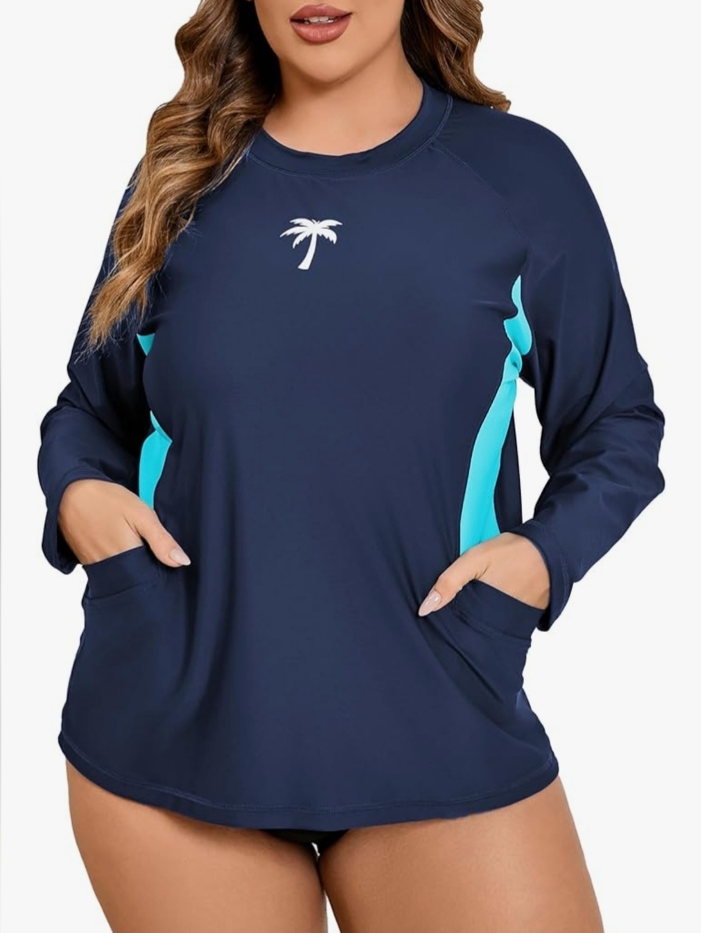Halcurt Navy & Aqua Long Sleeve Swim Top with Palm Logo 4x